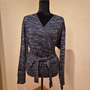 Lumiere Navy Blue and Silver Wrap Style Sweater, Size L